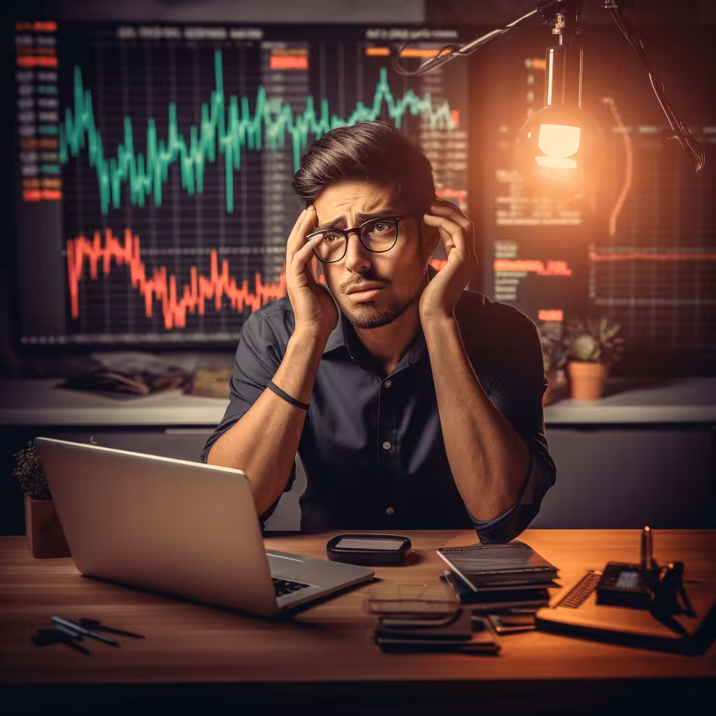 Trader stressé devant des graphiques boursiers baissiers