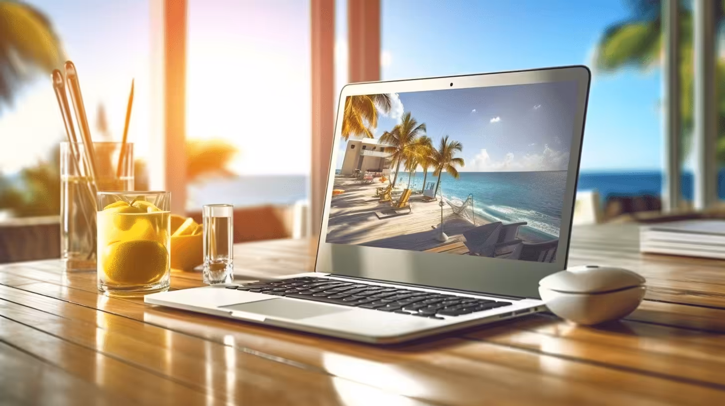 Ordinateur portable affichant une plage tropicale, boisson à proximité