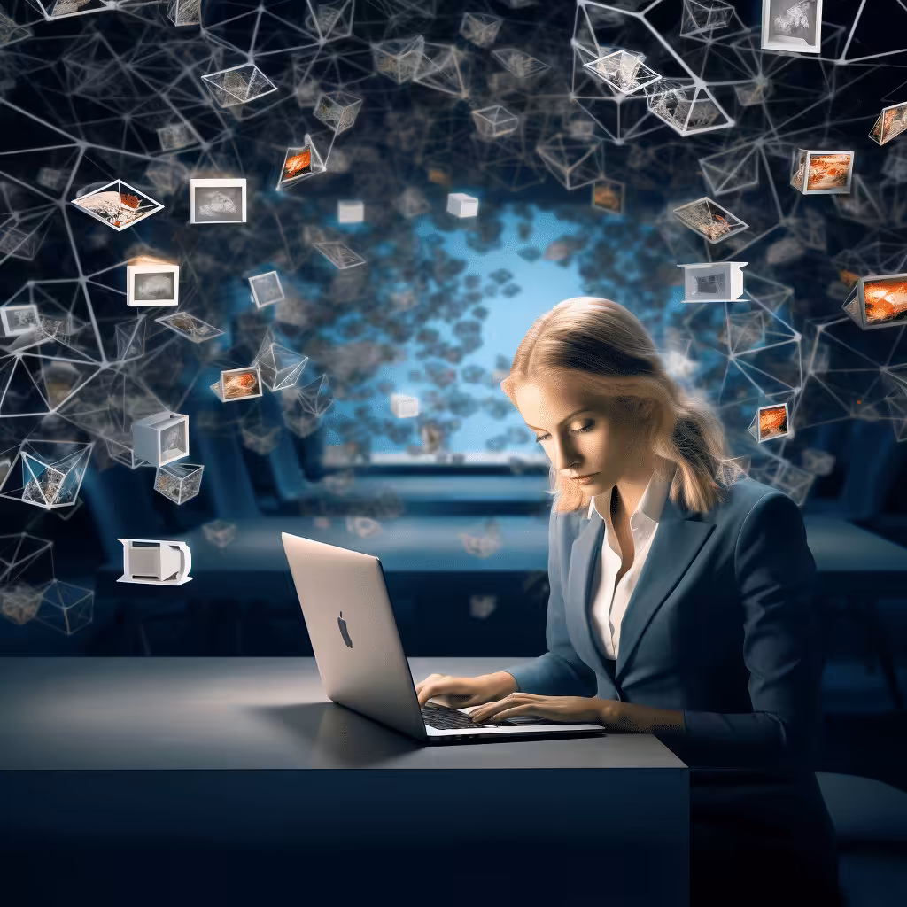 Femme travaillant sur ordinateur portable, cubes de données flottants.