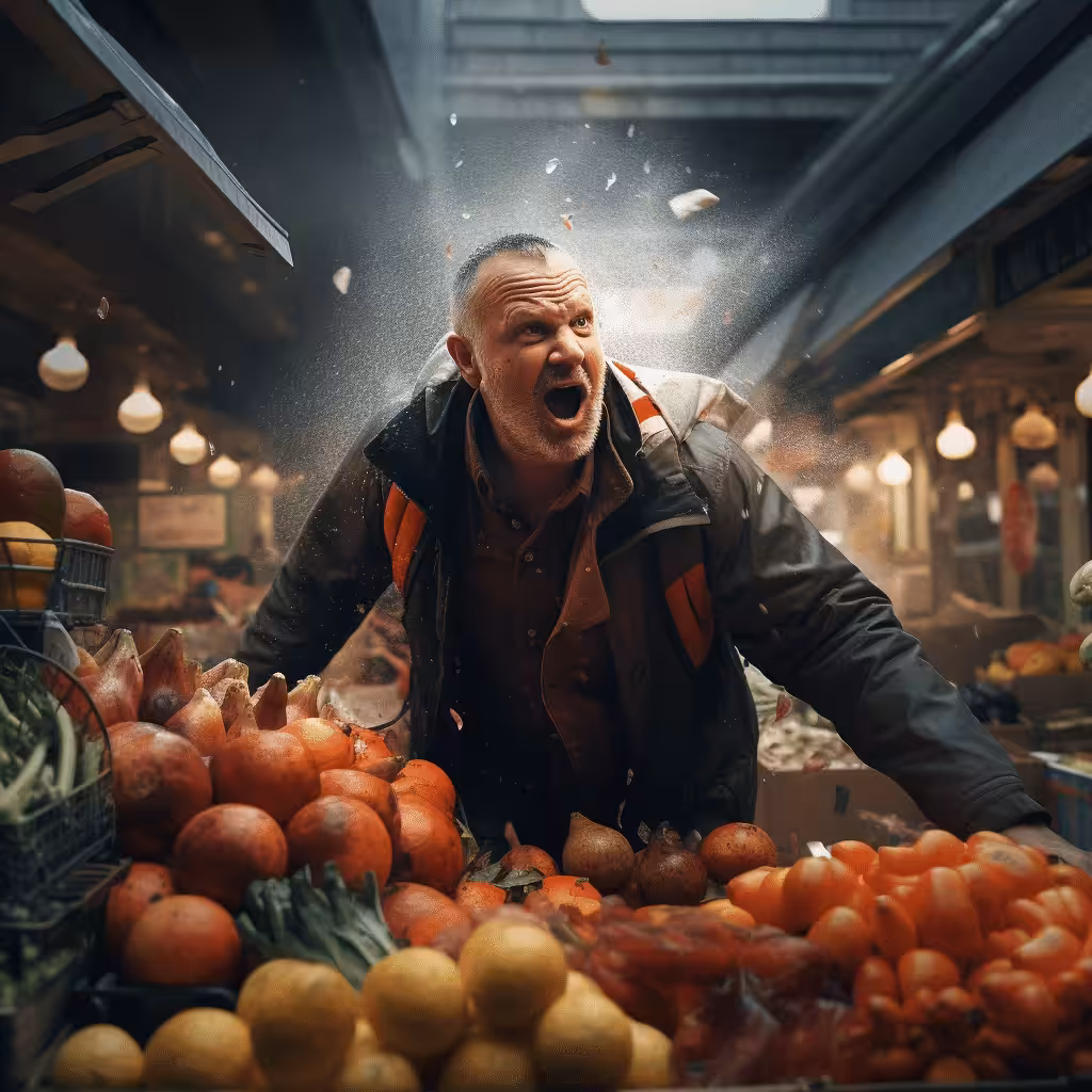 Homme criant au marché, fruits et légumes renversés.